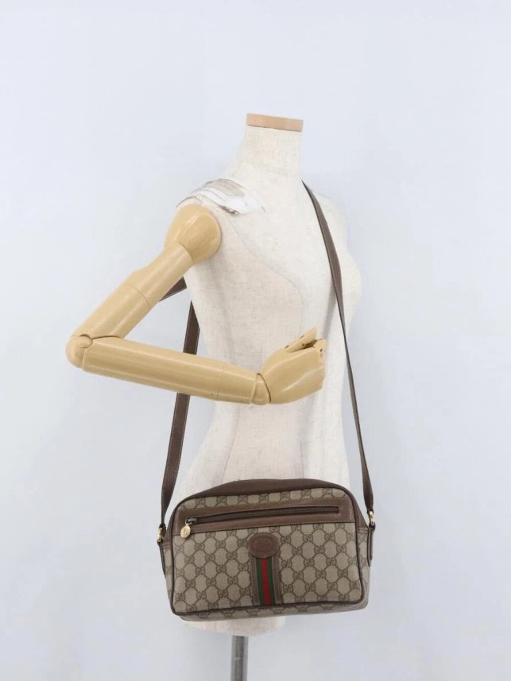 GUCCI GG Supreme Web Sherry Line Bag PVC Leather Beige 001 56 0942 Auth mr2019